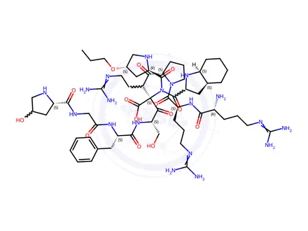 Chemical structure of ((2S,3aS,7aS)-1-((2R,4S)-1-(N-((2S,4R)-1-(D-Arginyl-L-arginyl-L-prolyl)-4-hydroxypyrrolidine-2-carbonyl)-N-glycyl-L-phenylalanyl-L-seryl)-4-propoxypyrrolidine-2-carbonyl)octahydro-1H-indole-2-carbonyl)-L-arginine