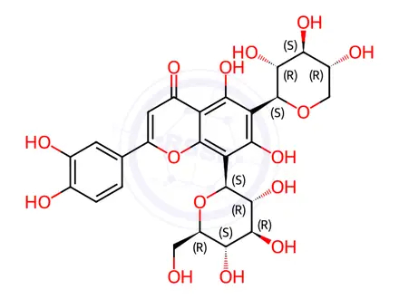 Chemical structure of 2-(3,4-Dihydroxyphenyl)-8-β-D-glucopyranosyl-5,7-dihydroxy-6-β-D-xylopyranosyl-4H-1-benzopyran-4-one