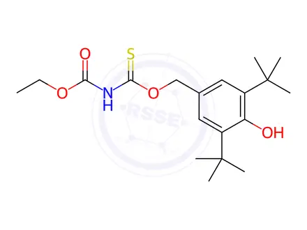 Chemical structure of Ethyl N-{[(3,5-di-tert-butyl-4-hydroxyphenyl)methoxy]methanethioyl}carbamate