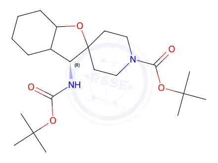 Chemical structure of tert-butyl (3R)-3-(tert-butoxycarbonylamino)spiro[3H-benzofuran-2,4'-piperidine]-1'-carboxylate