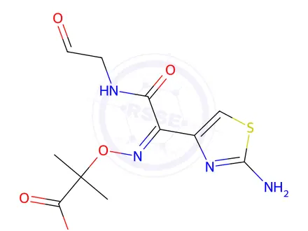 Chemical structure of 2-(((1-(2-Aminothiazol-4-yl)-2-oxo-2-((2-oxoethyl)amino)ethylidene)amino)oxy)-2-methylpropanoic Acid