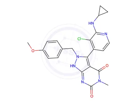 Chemical structure of 3-(3-Chloro-2-(cyclopropylamino)pyridin-4-yl)-2-(4-methoxybenzyl)-5-methyl-1,2-dihydro-4H-pyrazolo[3,4-d]pyrimidine-4,6(5H)-dione