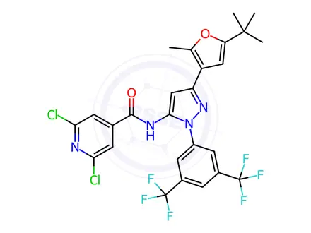 Chemical structure of N-{1-[3,5-bis(trifluoromethyl)phenyl]-3-[5-(tert-butyl)-2-methyl-3-furyl]-1H-pyrazol-5-yl}-2,6-dichloroisonicotinamide