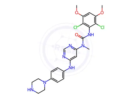 Chemical structure of 3-(2,6-Dichloro-3,5-dimethoxyphenyl)-1-methyl-1-(6-((4-(piperazin-1-yl)phenyl)amino)pyrimidin-4-yl)urea