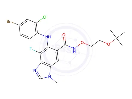 Chemical structure of 5-((4-bromo-2-chlorophenyl)amino)-N-(2-(tert-butoxy)ethoxy)-4-fluoro-1-methyl-1H-benzo[d]imidazole-6-carboxamide