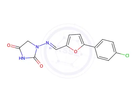 Chemical structure of 1-[[5-(4-Chlorophenyl)furan-2-yl]methylideneamino]imidazolidine-2,4-dione