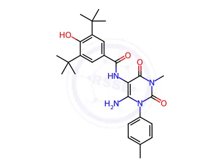 Chemical structure of N-(6-Amino-3-methyl-2,4-dioxo-1-(p-tolyl)-1,2,3,4-tetrahydropyrimidin-5-yl)-3,5-di-tert-butyl-4-hydroxybenzamide