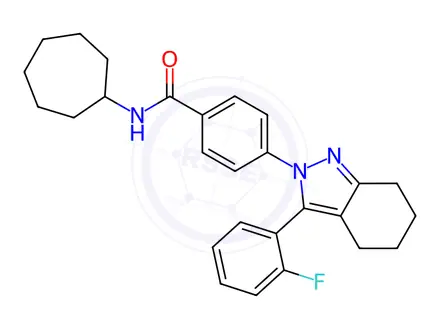 Chemical structure of N-Cycloheptyl-4-[3-(2-fluorophenyl)-4,5,6,7-tetrahydro-2H-indazol-2-yl]benzamide