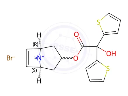 Chemical structure of (1R,3S,5S)-3-(2-Hydroxy-2,2-di(thiophen-2-yl)acetoxy)-8,8-dimethyl-8-azabicyclo[3.2.1]oct-6-en-8-ium Bromide