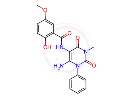 Chemical structure of N-(6-Amino-3-methyl-2,4-dioxo-1-phenyl-1,2,3,4-tetrahydropyrimidin-5-yl)-2-hydroxy-5-methoxybenzamide