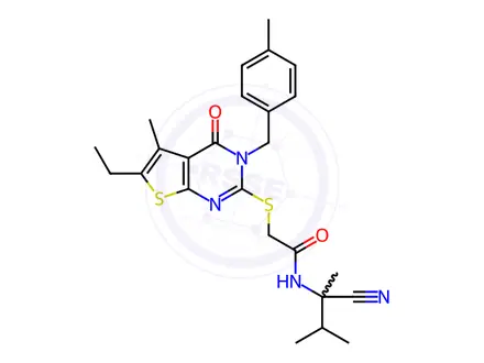Chemical structure of N-(2-Cyano-3-methylbutan-2-yl)-2-((6-ethyl-5-methyl-3-(4-methylbenzyl)-4-oxo-3,4-dihydrothieno[2,3-d]pyrimidin-2-yl)thio)acetamide