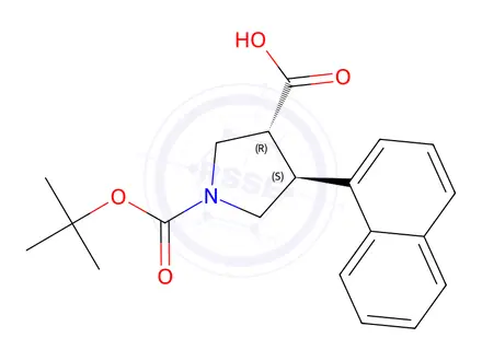 Chemical structure of (3R,4S)-rel-1-(tert-Butoxycarbonyl)-4-(naphthalen-1-yl)pyrrolidine-3-carboxylic acid