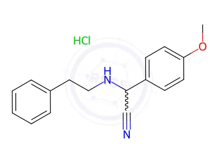 Chemical structure of 2-(4-Methoxyphenyl)-2-(phenethylamino)-acetonitrile hydrochloride