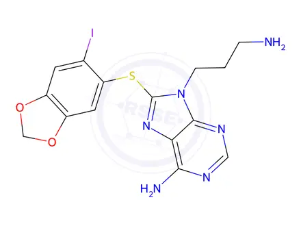 Chemical structure of 9-(3-Aminopropyl)-8-((6-iodobenzo-[d][1,3]dioxol-5-yl)thio)-9H-purin-6-amine