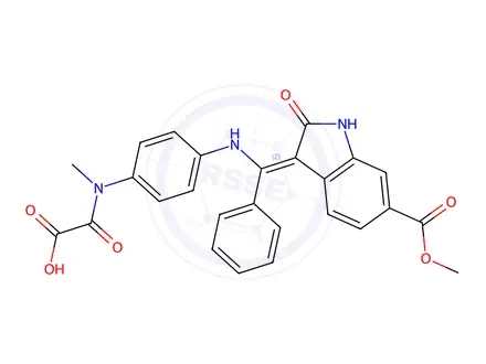 Chemical structure of (Z)-2-((4-(((6-(methoxycarbonyl)-2-oxoindolin-3-ylidene)(phenyl)methyl)amino)phenyl)(methyl)amino)-2-oxoacetic acid
