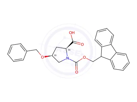 Chemical structure of (2S,4S)-4-(benzyloxy)-1-{[(9H-fluoren-9-yl)methoxy]carbonyl}pyrrolidine-2-carboxylic acid