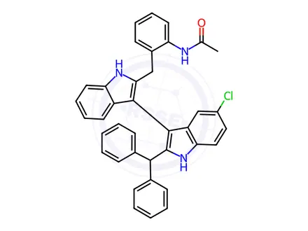 Chemical structure of N-(2-((2'-Benzhydryl-5'-chloro-1H,1'H-[3,3'-biindol]-2-yl)methyl)phenyl)acetamide