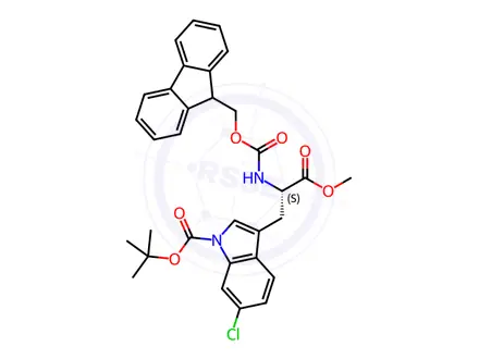 Chemical structure of (S)-tert-butyl 3-(2-((((9H-fluoren-9-yl)methoxy)carbonyl)amino)-3-methoxy-3-oxopropyl)-6-chloro-1H-indole-1-carboxylate