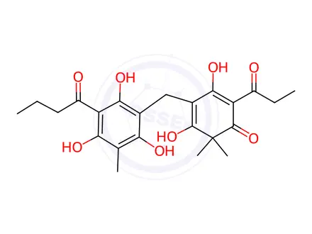 Chemical structure of 3,5-Dihydroxy-4,4-dimethyl-2-(1-oxopropyl)-6-[[2,4,6-trihydroxy-3-methyl-5-(1-oxobutyl)phenyl]methyl]-2,5-cyclohexadien-1-one