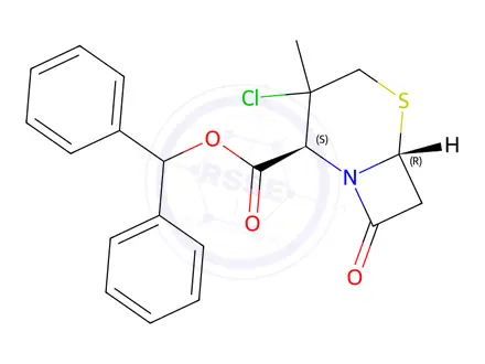 Chemical structure of (2S,6R)-benzhydryl 3-chloro-3-methyl-8-oxo-5-thia-1-azabicyclo[4.2.0]octane-2-carboxylate