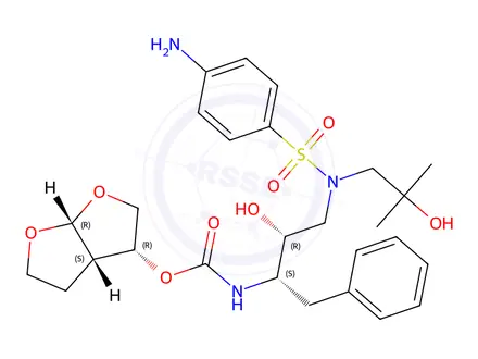 Chemical structure of (3R,3aS,6aR)-hexahydrofuro[2,3-b]furan-3-yl ((2S,3R)-4-((4-amino-N-(2-hydroxy-2-methylpropyl)phenyl)sulfonamido)-3-hydroxy-1-phenylbutan-2-yl)carbamate
