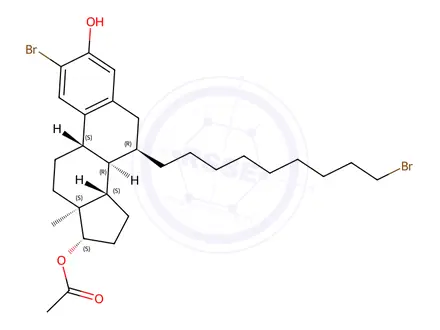 Chemical structure of (7R,8R,9S,13S,14S,17S)-2-bromo-7-(9-bromononyl)-3-hydroxy-13-methyl-7,8,9,11,12,13,14,15,16,17-decahydro-6H-cyclopenta[a]phenanthren-17-yl acetate