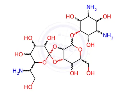Chemical structure of (+)-5-O-[2-O,3-O-(6-Amino-1,6-dideoxy-L-glycero-D-galacto-heptopyranose-1-ylidene)-β-D-talo-hexopyranosyl]-L-streptamine