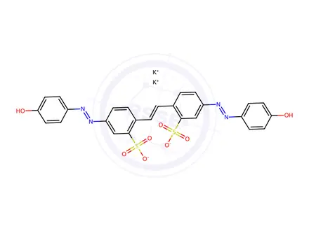 Chemical structure of dipotassium 4,4'-bis[(4-hydroxyphenyl)azo]stilbene-2,2'-disulphonate