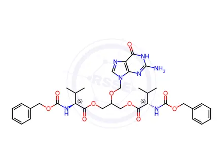 Chemical structure of (2S,2'S)-2-((2-amino-6-oxo-1H-purin-9(6H)-yl)methoxy)propane-1,3-diyl bis(2-(((benzyloxy)carbonyl)amino)-3-methylbutanoate)