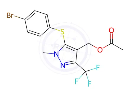 Chemical structure of (5-((4-Bromophenyl)thio)-1-methyl-3-(trifluoromethyl)-1H-pyrazol-4-yl)methyl acetate
