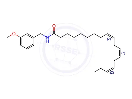 Chemical structure of (9Z,12Z,15Z)-N-[(3-Methoxyphenyl)methyl]-9,12,15-octadecatrienamide
