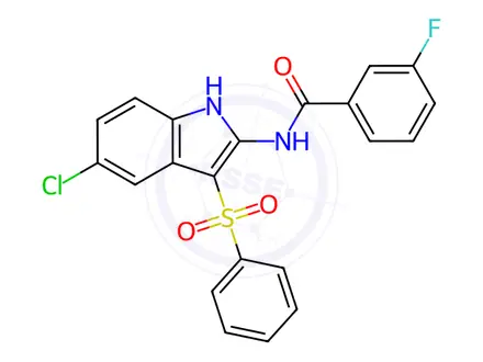 Chemical structure of N-(5-Chloro-3-(phenylsulfonyl)-1H-indol-2-yl)-3-fluorobenzamide