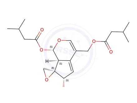 Chemical structure of (1S-(1alpha,6alpha,7beta,7aalpha))-6-Acetoxy-6,7a-dihydro-4-((isovaleryloxy)methyl)spiro(cyclopenta(c)pyran-7(1H),2'-oxiran)-1-yl isovalerate