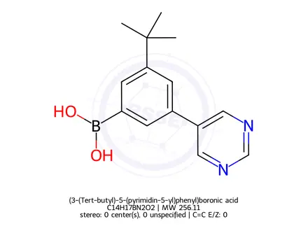 Chemical structure of (3-(Tert-butyl)-5-(pyrimidin-5-yl)phenyl)boronic acid