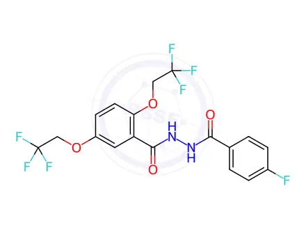 Chemical structure of N'-(4-fluorobenzoyl)-2,5-bis(2,2,2-trifluoroethoxy)benzohydrazide