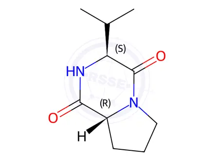 Chemical structure of (3S,8aR)-3-(propan-2-yl)-octahydropyrrolo[1,2-a]p yrazine-1,4-dione