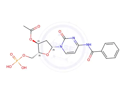 Chemical structure of (2R,3S,5R)-5-(4-Benzamido-2-oxopyrimidin-1(2H)-yl)-2-((phosphonooxy)methyl)tetrahydrofuran-3-yl acetate