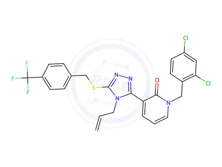 Chemical structure of 1-[(2,4-Dichlorophenyl)methyl]-3-[4-(prop-2-en-1-yl)-5-({[4-(trifluoromethyl)phenyl]methyl}sulfanyl)-4H-1,2,4-triazol-3-yl]-1,2-dihydropyridin-2-one
