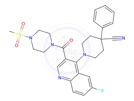 Chemical structure of 1-(6-Fluoro-3-(4-(methylsulfonyl)piperazine-1-carbonyl)quinolin-4-yl)-4-phenylpiperidine-4-carbonitrile