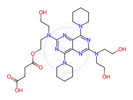 Chemical structure of 4-(2-((6-(bis(2-hydroxyethyl)amino)-4,8-di(piperidin-1-yl)pyrimido[5,4-d]pyrimidin-2-yl)(2-hydroxyethyl)amino)ethoxy)-4-oxobutanoic acid