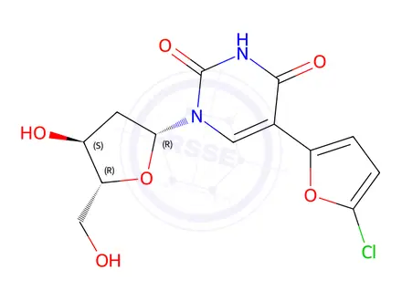 Chemical structure of 5-(5-Chlorofuran-2-yl)-1-(4-hydroxy-5-(hydroxymethyl)tetrahydrofuran-2-yl)pyrimidine-2,4(1H,3H)-dione