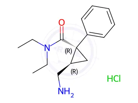 Chemical structure of (1R,2R)-2-(Aminomethyl)-N,N-diethyl-1-phenylcyclopropanecarboxamide Hydrochloride