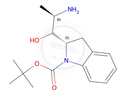 Chemical structure of tert-butyl (2S)-2-[(2R)-2-amino-1-hydroxypropyl]-2,3-dihydro-1H-indole-1-carboxylate