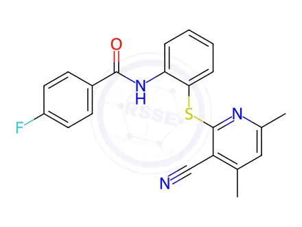 Chemical structure of N-(2-((3-cyano-4,6-dimethylpyridin-2-yl)thio)phenyl)-4-fluorobenzamide