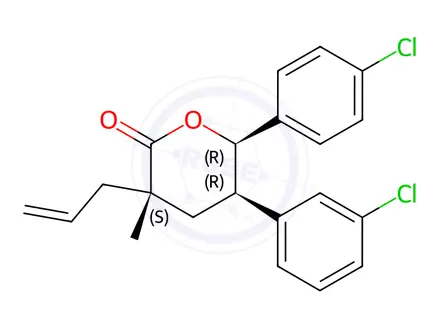 Chemical structure of (3S,5R,6R)-3-allyl-5-(3-chlorophenyl)-6-(4-chlorophenyl)-3-methyltetrahydro-2H-pyran-2-one