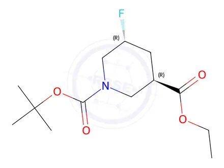 Chemical structure of trans-5-Fluoro-piperidine-1,3-dicarboxylic acid 1-tert-butyl ester 3-ethyl ester