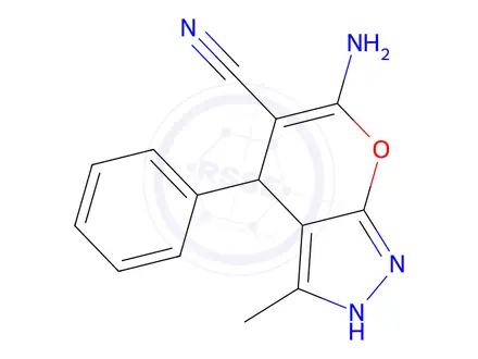 Chemical structure of 6-Amino-3-methyl-4-phenyl-2,4-dihydropyrano[2,3-c]pyrazole-5-carbonitrile