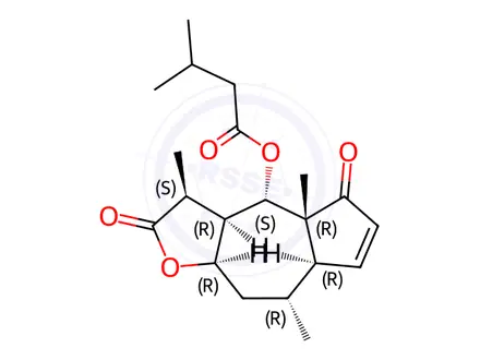 Chemical structure of (3aR)-4,4a,7aα,8,9,9aα-Hexahydro-4α-(isovaleryloxy)-3β,4aβ,8α-trimethylazuleno[6,5-b]furan-2,5(3H,3aαH)-dione