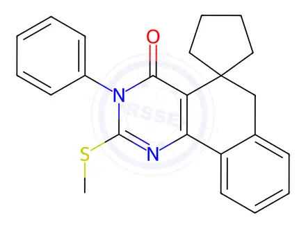 Chemical structure of 2-(methylsulfanyl)-3-phenyl-5,6-dihydro-4(3H)-oxospiro(benzo[h]quinazoline-5,1'-cyclopentane)