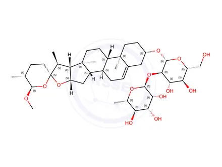 Chemical structure of 26-methoxyspirost-5-en-3-ol-3-O-rhamnopyranosyl-(1-2)-glucopyranoside